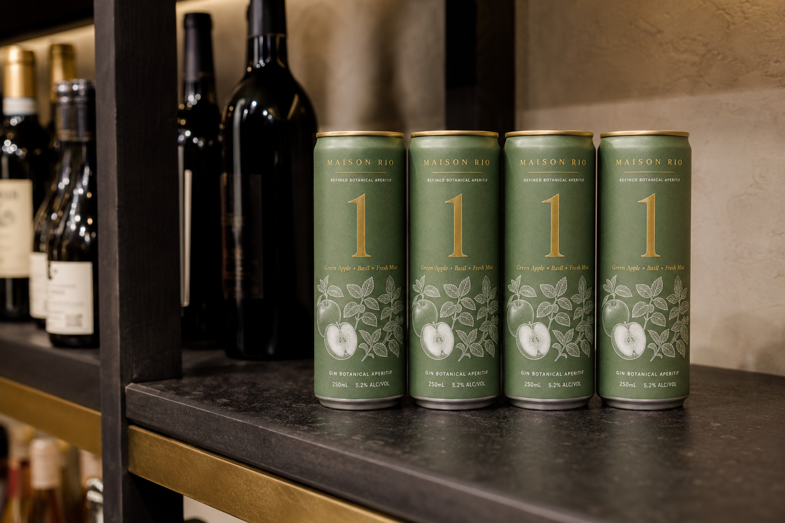Four Maison Rio 250 mL slim cans displayed within a curated premium drinks selection