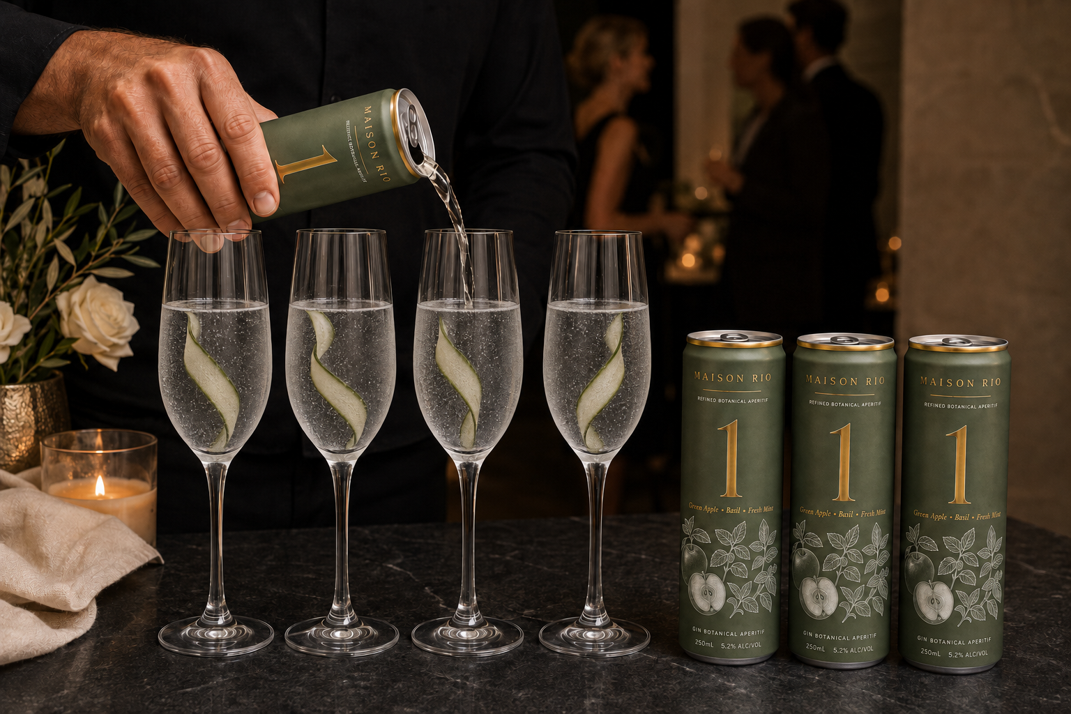 Four crystal-clear Maison Rio celebration serves presented with four 250 mL slim cans