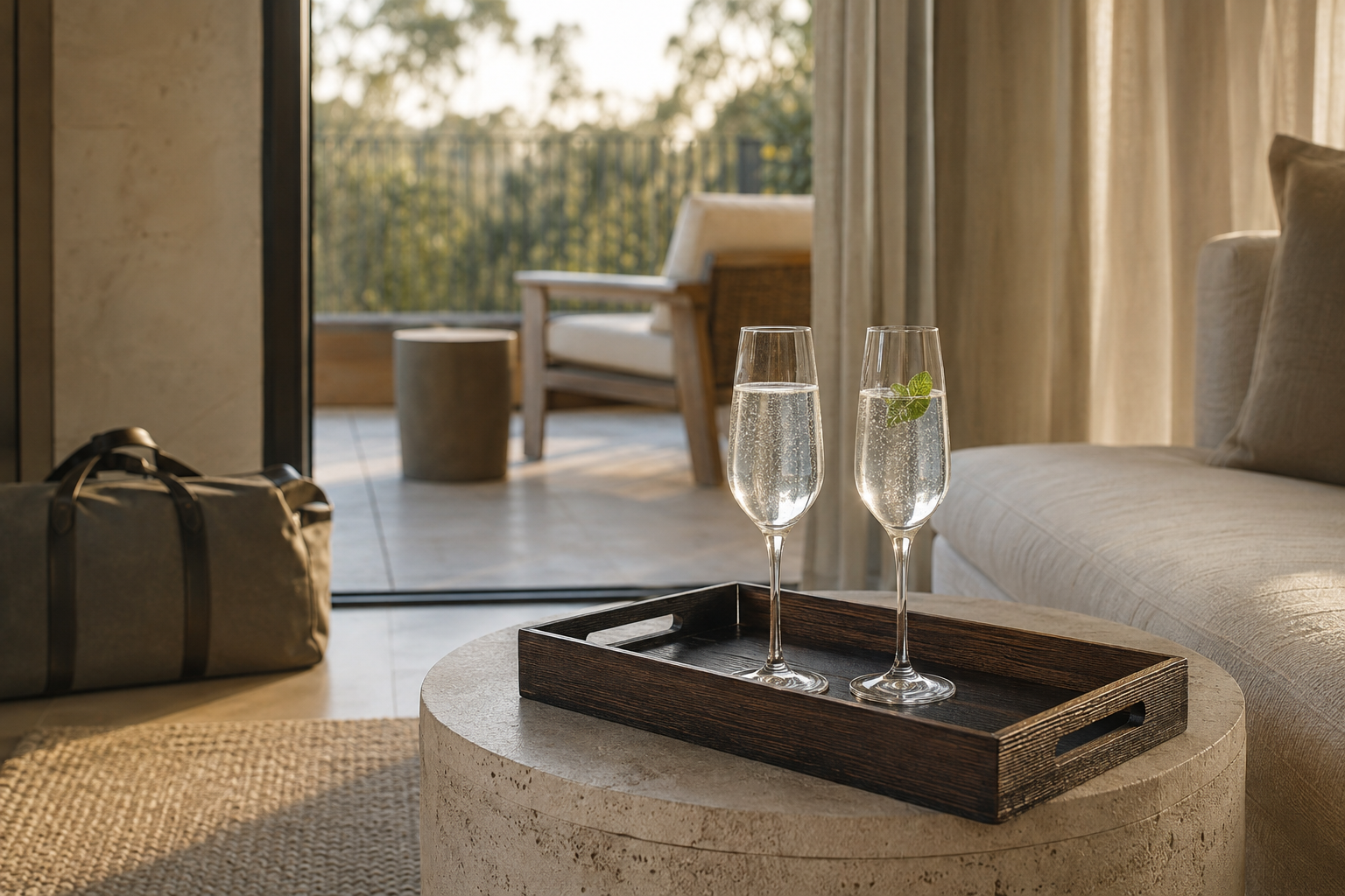 Crystal-clear aperitifs waiting on a welcome tray inside a refined guest suite